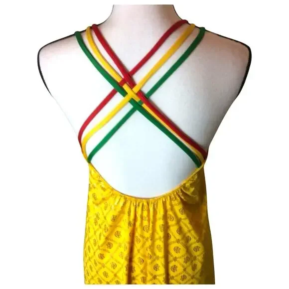 COOGI Yellow Logo Print Maxi Babydoll Dress Beach Coverup Built-In Bra – Size S - Picture 3 of 8